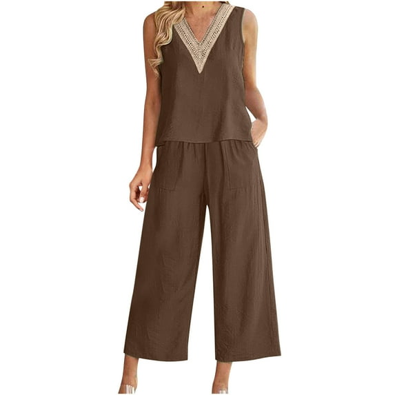 JWZUY Women's Summer 2 Piece Crochet V Neck Tank Top Cotton Linen Outfits Wide Leg Short Pants with Pocket Set Jumpsuits Brown XL