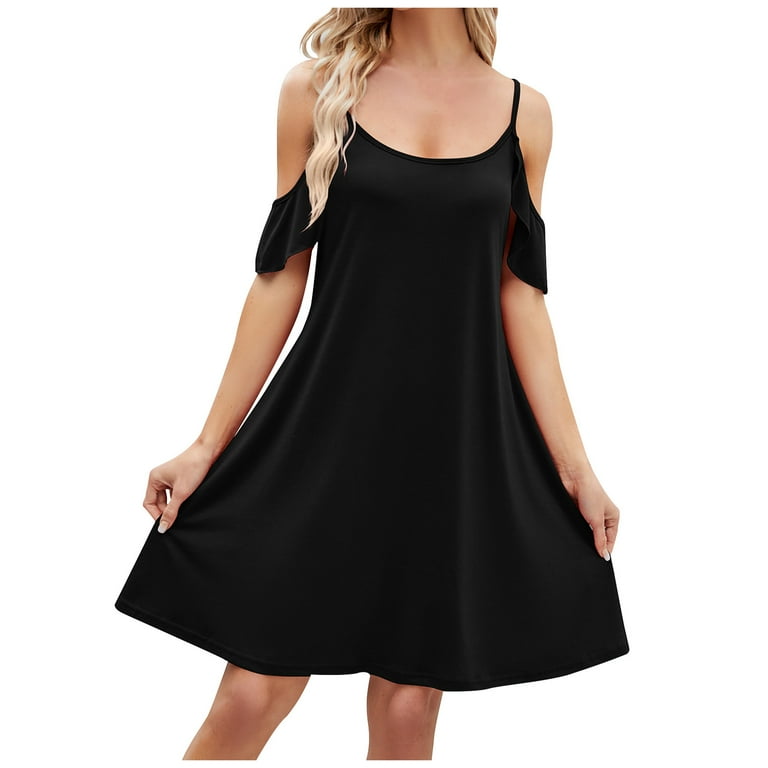 JWZUY Women s Summer Casual Spaghetti Strap Sundress Dress Cold Shoulder Ruffle Sleeves Dresses Mini Sundress Black M Walmart