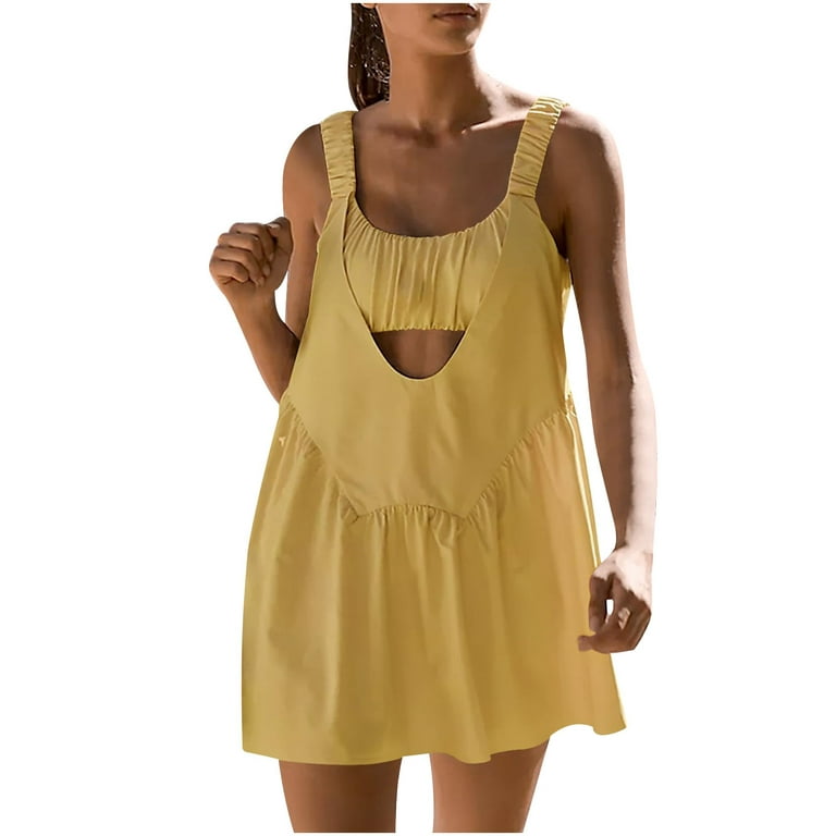 JWZUY Women's Tennis Dress Casual Summer Dresses with Built in Bra and  Shorts Athletic Dress Workout Outfits Yellow XL 