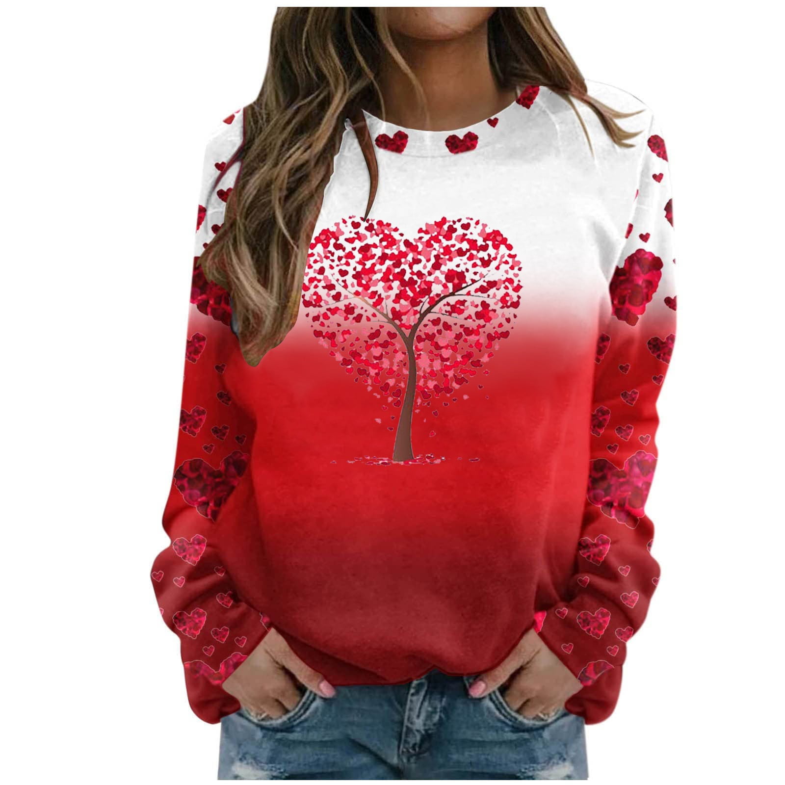JWZUY Women's Valentine's Day Pullover Lovely Jumper Crewneck Blouse  Elegant Tops Tree Heart Print Sweatshirt Long Sleeve Shirts Red XXL
