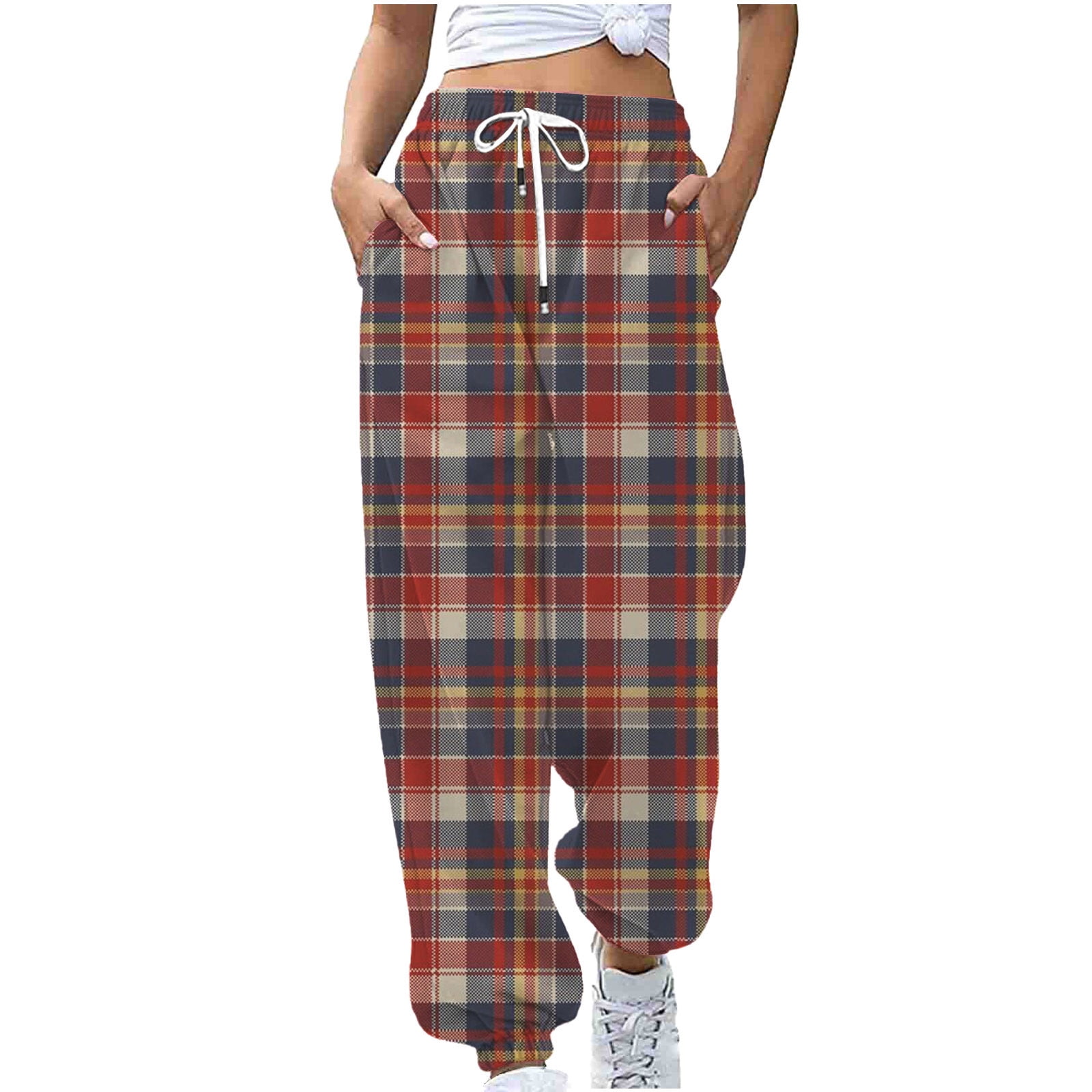 JWZUY Women's Workout Sweatpants Geometric Graphic Plaid Elastic Waist