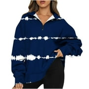 JWZUY Womens 1/4 Zip Pullover Long Sleeve Sweatshirt Graphic Lapel Neck Quarter Zip Hoodies Blouse Relaxed Fit Tops Blue S