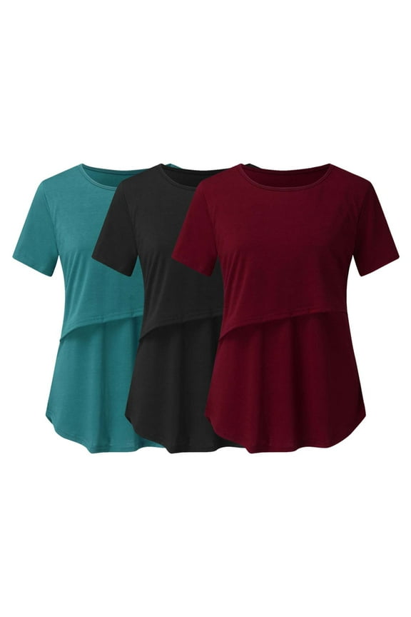 Womens 3PC Short Sleeve Maternity Tops Crew Neck Solid Loose Fit Soft Comfortable Nursing Friendly Plain Shirts Round Breastfeeding Pregnant Clothes Wine 2XL