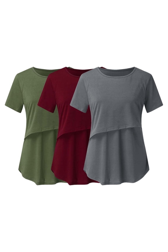 Womens 3PC Short Sleeve Maternity Tops Crew Neck Solid Loose Fit Soft Comfortable Nursing Friendly Plain Shirts Round Breastfeeding Pregnant Clothes Army Green M