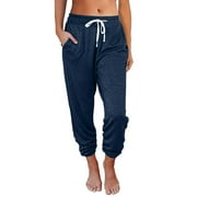 JWZUY Womens Baggy Sweatpants with Pockets Lounge Pajams Pants Womens Running Joggers 2023 Elastic Waist Drawstring Pants Dark Blue L