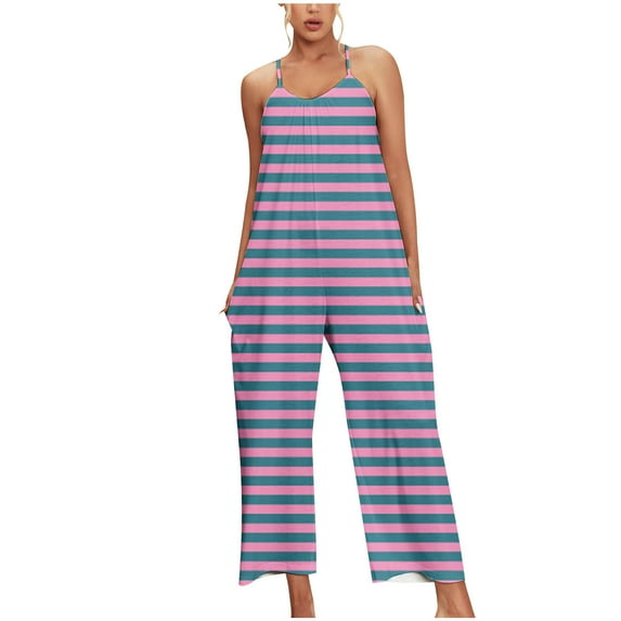 JWZUY Womens Boho Loose Adjustable Overalls Casual Wide Leg Colorblock Striped Rompers with Pockets Cute Stretchy Pants Baggy Jumpsuits Strap Shoulder Purple XXL