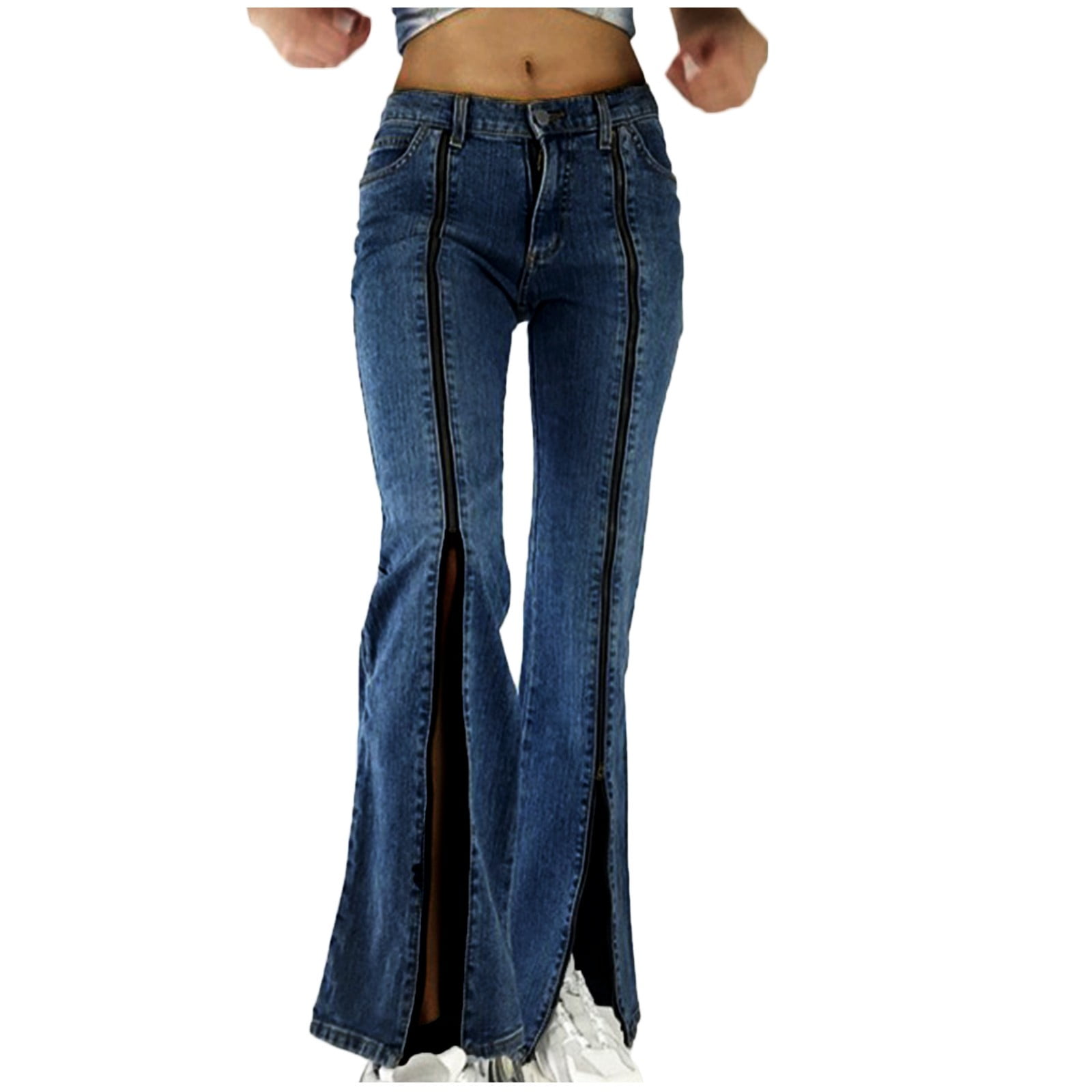 JWZUY Womens Bootcut Jeans 90s Y2k Streetwear Zip up Split High Waist