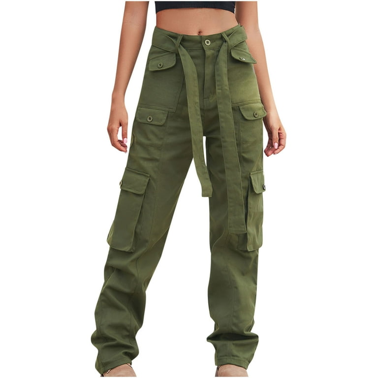 JWZUY Womens Cargo Hiking Pants with Belt Outdoor Athletic Travel Pants  Casual Loose Straight Pants with Multi Pockets Army Green S 