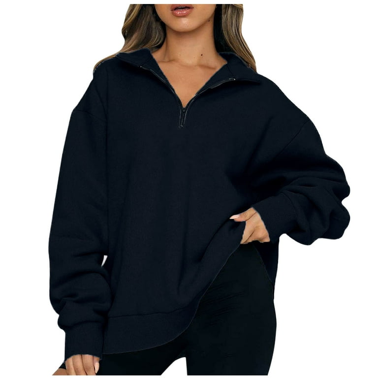 JWZUY Womens Casual Oversized Half Zip Pullover Long Sleeve Sweatshirt  Quarter Zip Hoodie Sweater Teen Girls Fall Spring Y2K Clothes Navy XL