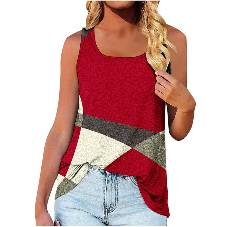 JWZUY Womens Color Block Geometric Tank Tops Classic Basic Cami Scoop Neck  Sleeveless Camisole on Sales Vest Summer Tees 3D Print Shirts Chic Trendy  Tops Blouse Red M 