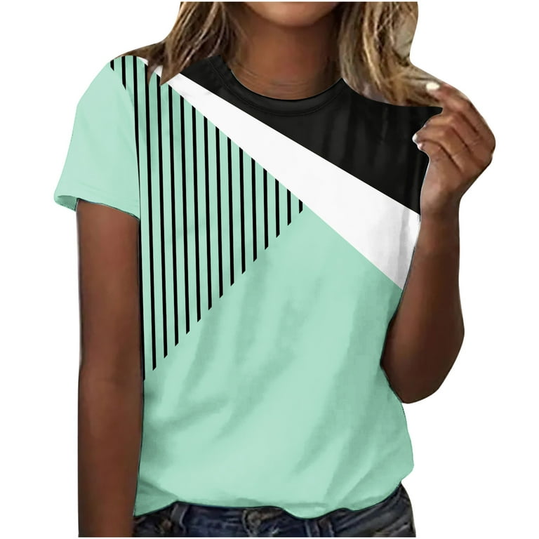 JWZUY Womens Color Block Geometric Tops Clearance 3d Print Graphic Tees  Shirts Sale Specials Crewneck Short Sleeve Shirts Trendy Loose Casual  Blouse Green L 