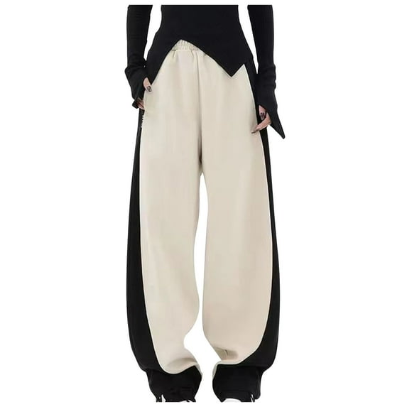 JWZUY Womens Contrast Color Color Block Twill Pants Long Elastic Waist Pant Straight Wide Leg Boyfriend Harem Pants Beige L