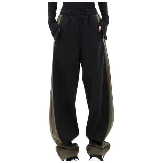 JWZUY Womens Contrast Color Color Block Twill Pants Long Elastic Waist Pant Straight Wide Leg Boyfriend Harem Pants Black M