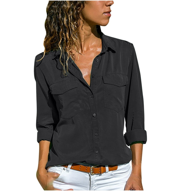 JWZUY Womens Cotton Button Down Shirts Long Sleeve V Neck Blouses Loose  Business Casual Solid Color Work Office Tops with Pocket Black L 
