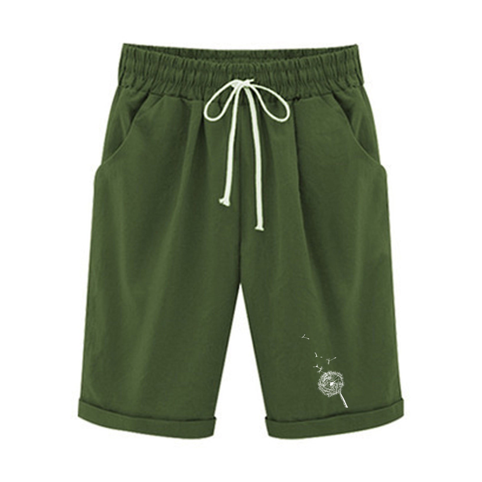 JWZUY Womens Cotton Linen Drawstring Long Shorts Waist Elastic Bermuda  Shorts Dressy Summer Rolled Shorts with Side Pockets Green L 