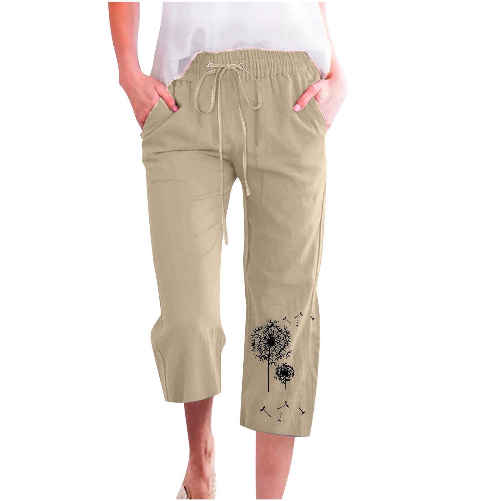 JWZUY Women's Plus Size Drawstring Cargo Capri Pant Lightweight Cotton  Linen Cropped Jogger Pants Summer Pants with Pocket 1-Black Large