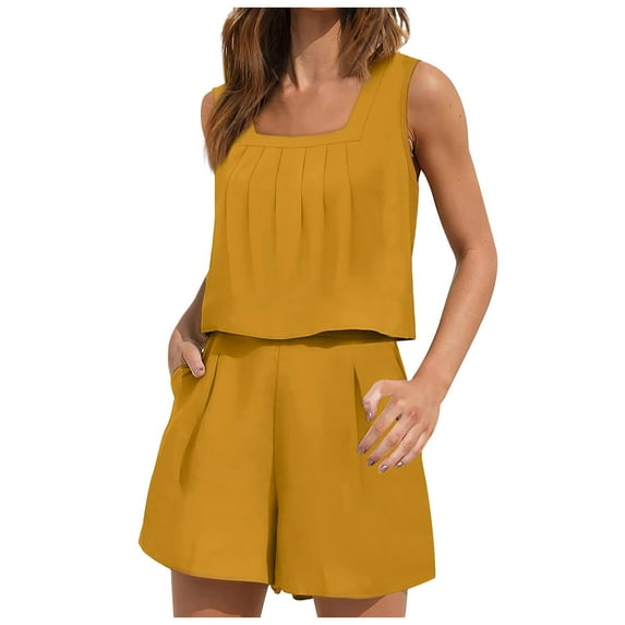 JWZUY Womens Cotton Linen Square Neck 2023 Trendy Matching Sets 2 Piece Outfits Crop Tops Short Set Lounge Clothes Beach Summer Yellow L