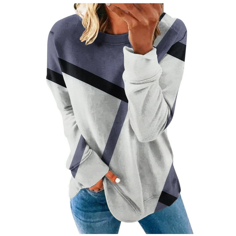 JWZUY Womens Crew Neck Color Block Sweatshirts Tops Long Sleeve Casual  Pullover Cute Lightweight Relaxed Fit Tops White#05 L
