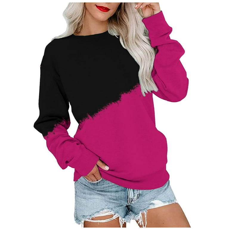 JWZUY Womens Crew Neck Color Block Sweatshirts Tops Long Sleeve Casual  Pullover Cute Relaxed Fit Loose Tops Hot Pink#02 XL