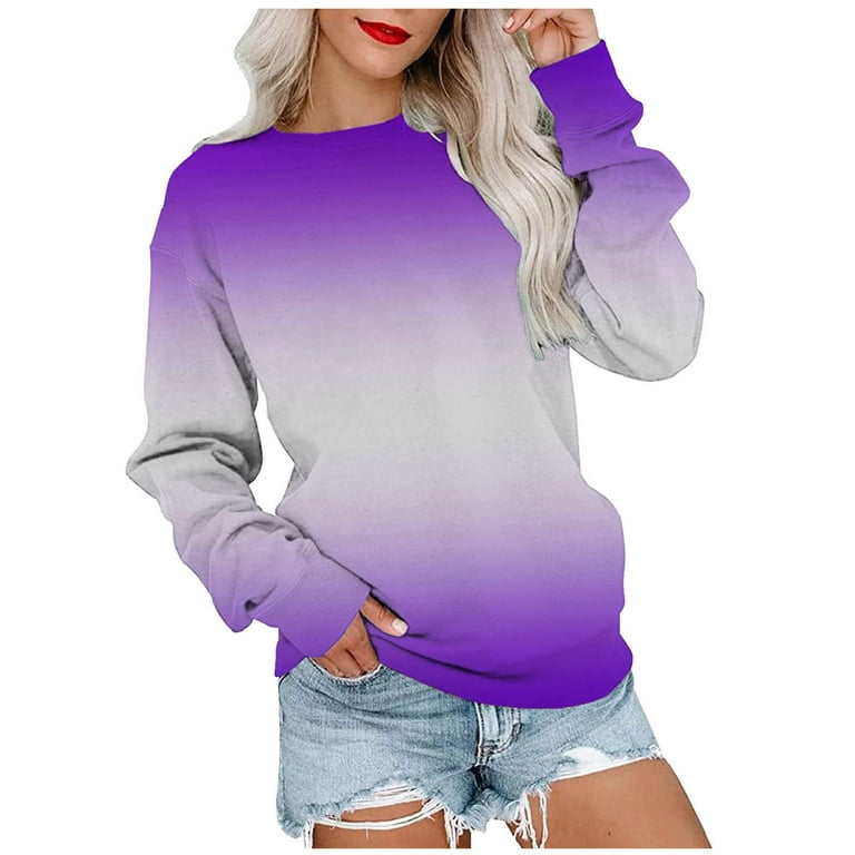 JWZUY Womens Crew Neck Color Block Sweatshirts Tops Long Sleeve Pullover  Cute Casual Loose Tops Purple#04 M