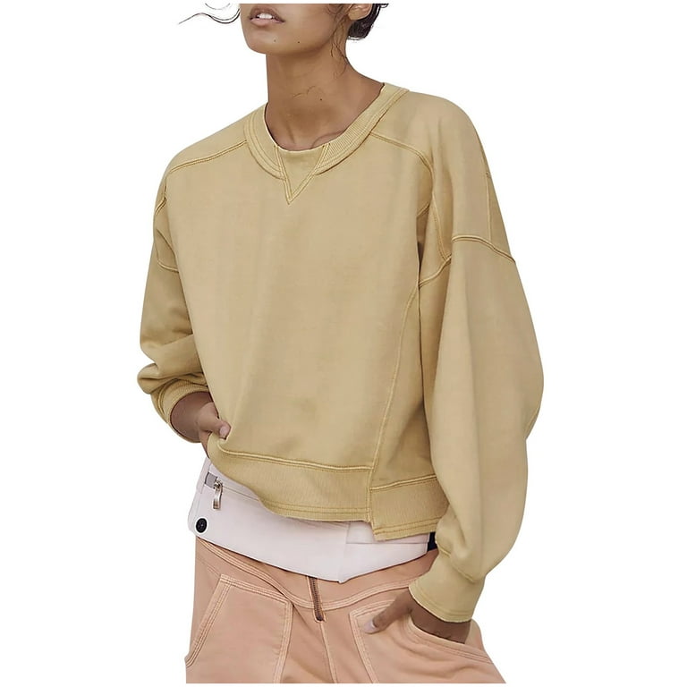 JWZUY Womens Crewneck Long Sleeve Sweatshirt Solid Sweatshirts Casual  Jumper Sping Tops Cotton Pullover Khaki L