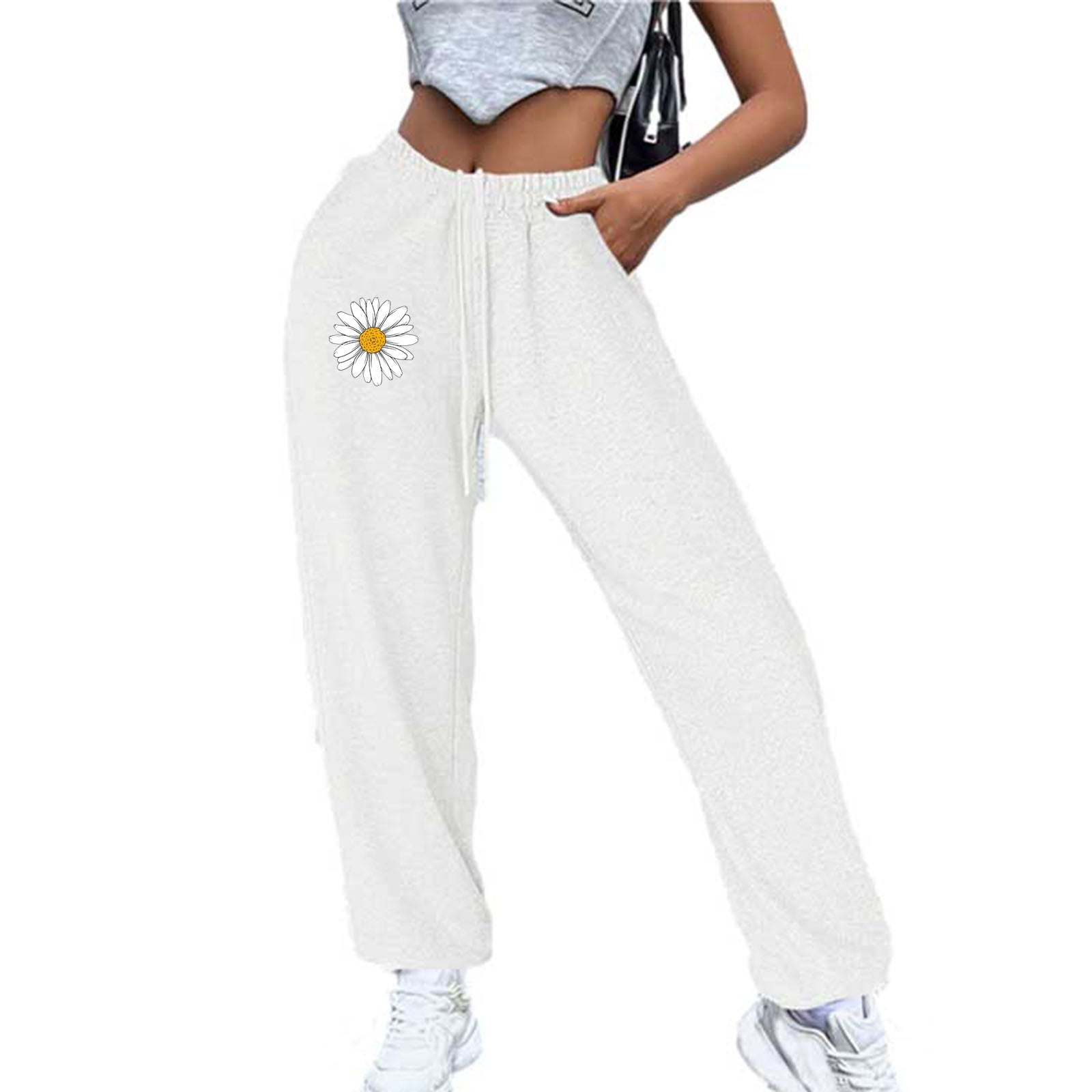 JWZUY Womens Daisy Print Sweatpant AnkleLength Drawstring Elastic High