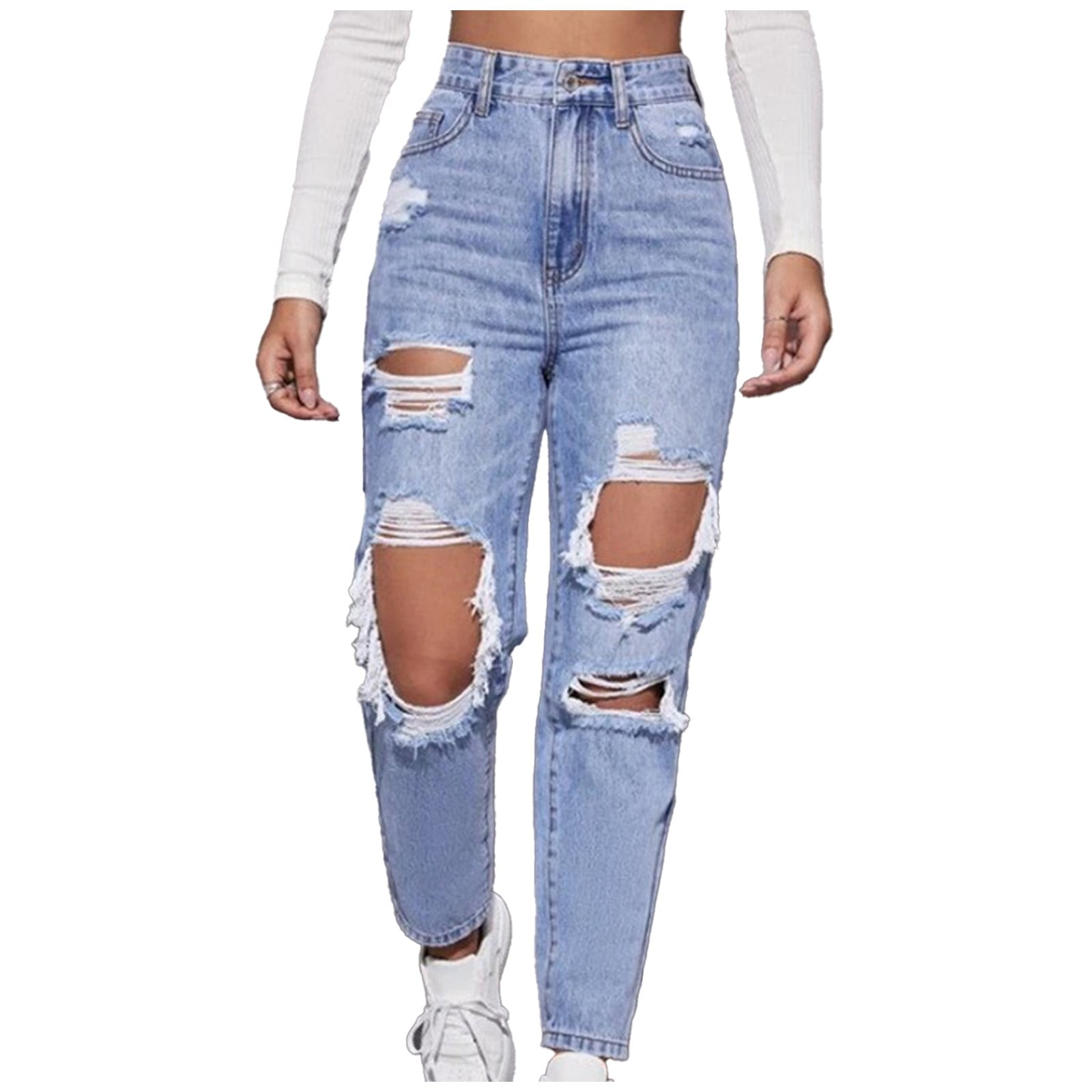 JWZUY Womens Distressed Ripped Cut out Denim Pant Ankle-Length Zipper ...