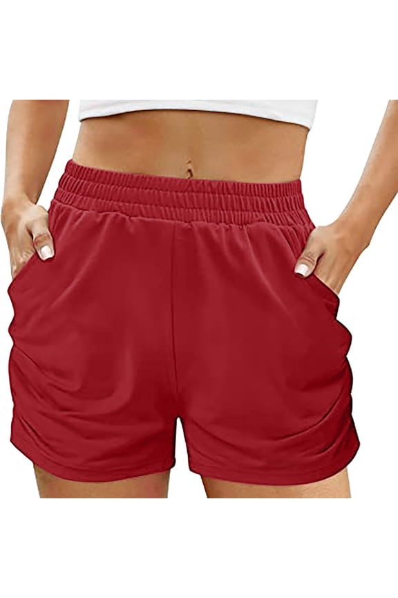 Womens Elastic High Waisted Ruched Shorts with Pockets Harem Shorts Summer Casual Shorts Red XXXXL