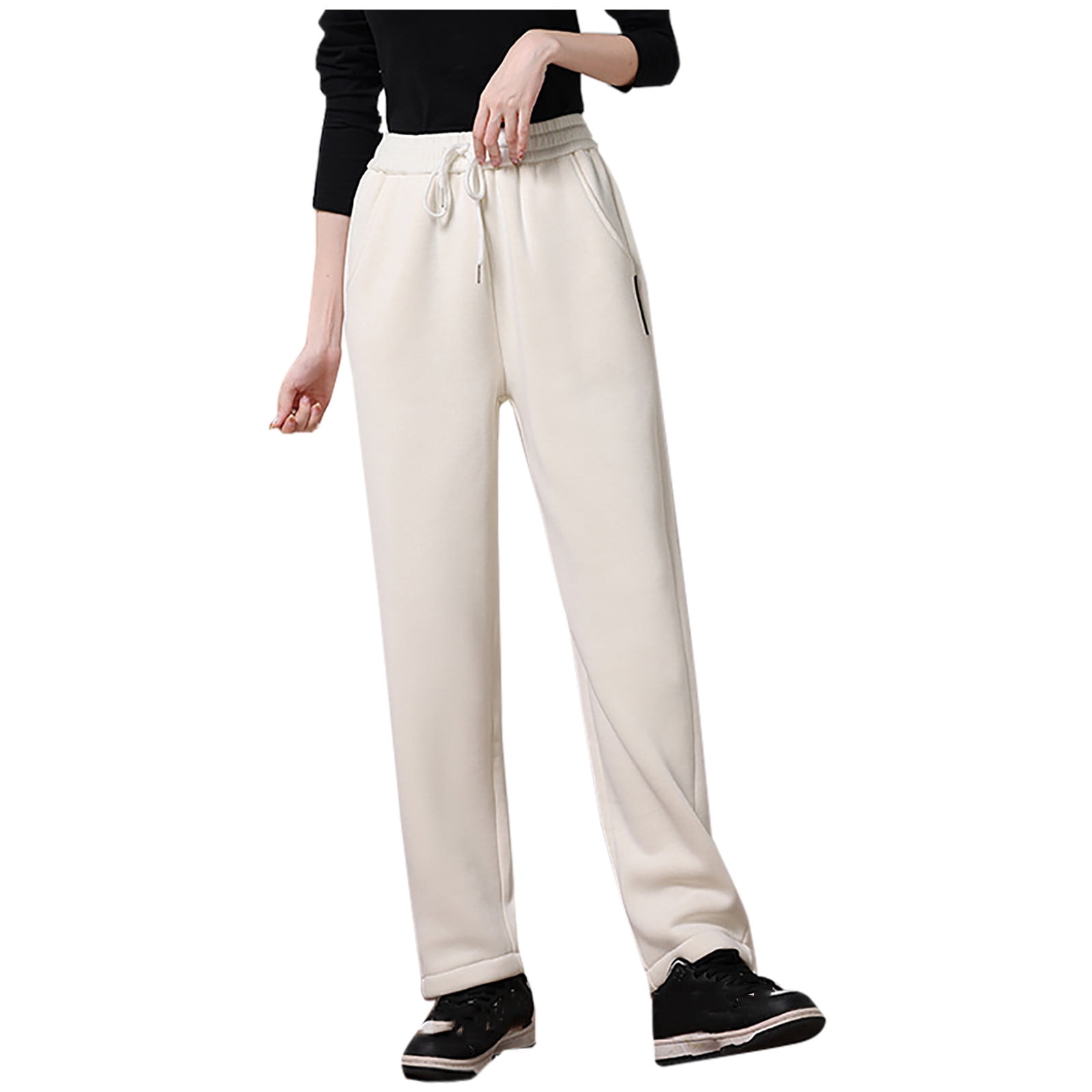 JWZUY Womens Fleece Lined Trouser Solid Plain Pants Sherpa Lined Pant  Drawstring Elastic Waist Full Length Pants Fleece Sweatpant White XXXXL 