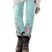 JWZUY Womens Floral Print Leggings Ankle-Length Elastic Waist Pant Slim-Leg Casual Pants Sky Blue XL