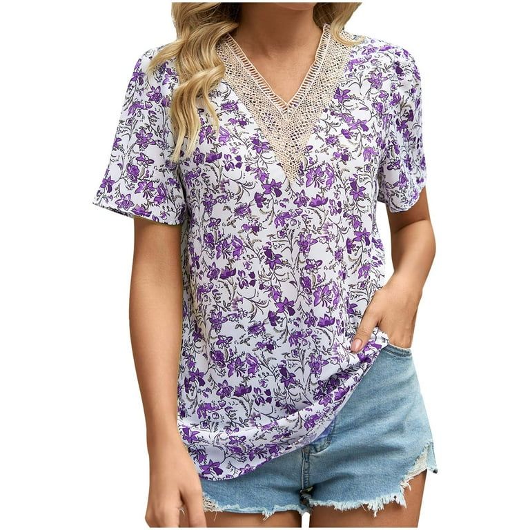 JWZUY Womens Floral Tops Lace V Neck Shirt Short Sleeve Tshirt Elegant  Temperament Blouse Tee Shirts Sale Clearance Tunic Purple XXL 