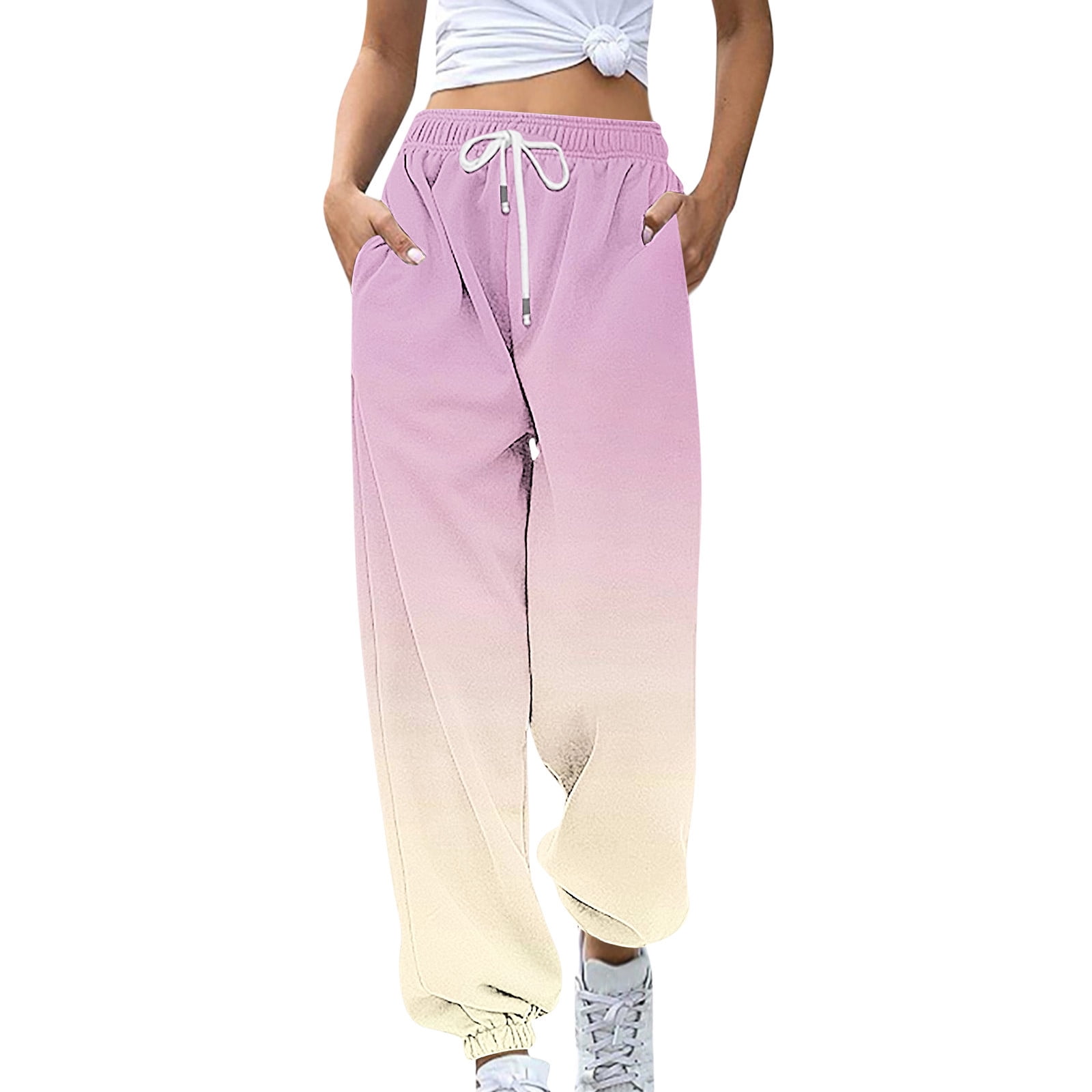 JWZUY Womens Gradient Color Block Sweatpant Ankle Drawstring Elastic Waist Pant Cuffed Casual Jogger Pants Yellow M