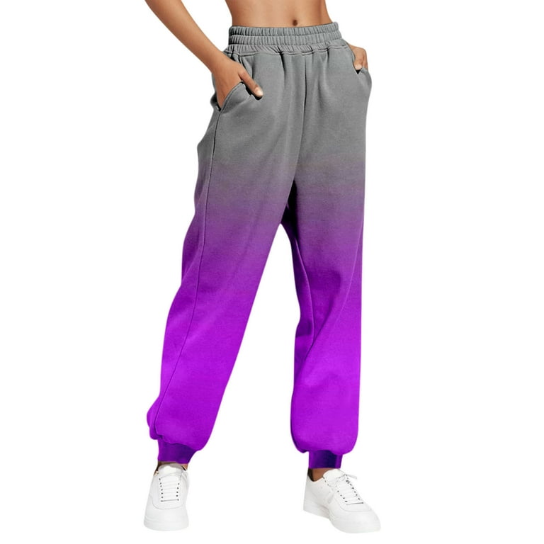 JWZUY Womens Gradient Color Block Sweatpant Ankle Length Elastic Waist Pant  Casual Jogger Pants Purple XL