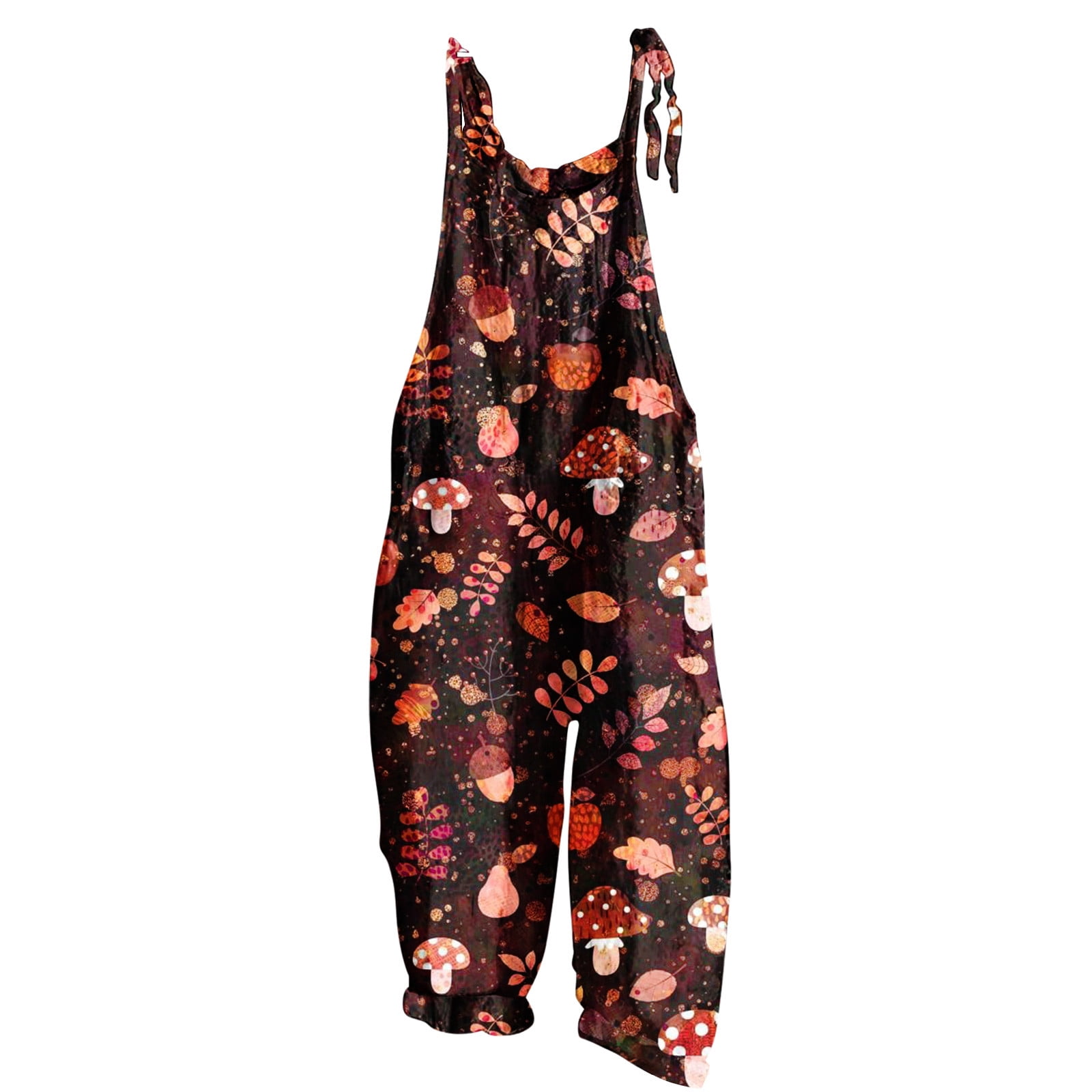 Jwzuy Womens Dressy Casual Mushroom Floral Print Cotton Linen One Piece Jumpsuit Wide Leg Romper Bib Overalls Sleeve Spaghetti Strap Romper Red M