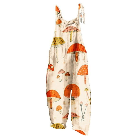 JWZUY Womens Hawaiian Mushroom Print Wide Leg Romper Cotton Linen Bib Overalls Casual Sleeve Spaghetti Strap Romper One Piece Jumpsuit Orange M