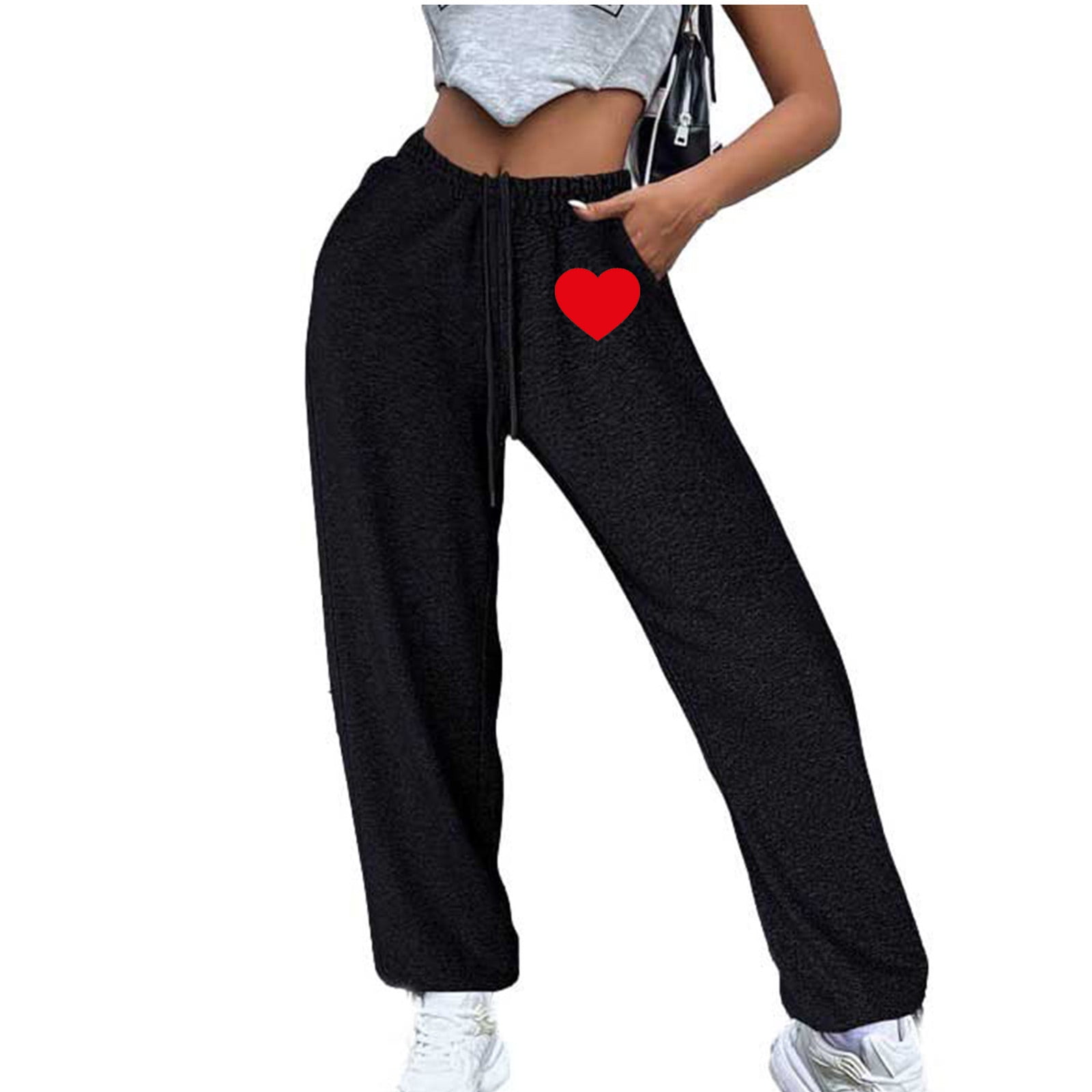 JWZUY Womens Heart Print Fleece Lined Sweatpant Ankle-Length Drawstring ...