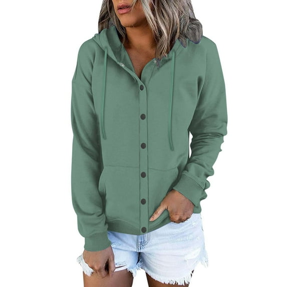 JWZUY Womens Hoodies Tops Casual Long Sleeve Drawstring Button Down Pullover Sweatshirt with Pocket Green XXL