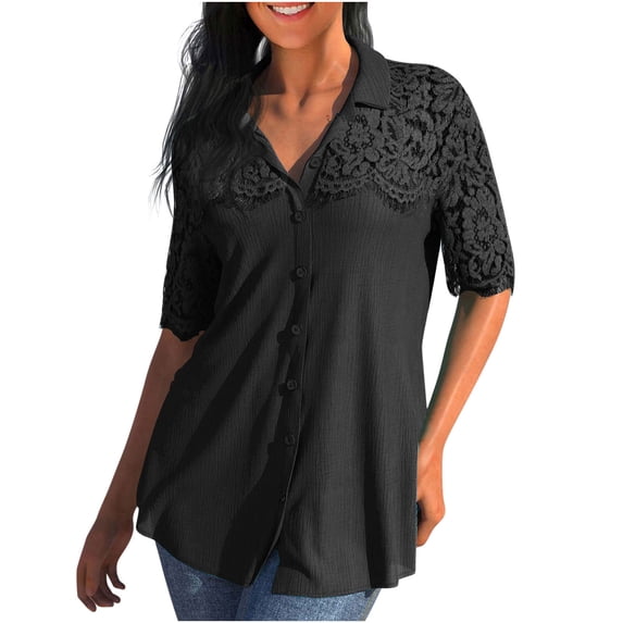 JWZUY Womens Lace Crochet V Neck 3/4 Sleeve Button Down Ruched Shirt Casual T Shirts Blouses Pullover Tops Black XL