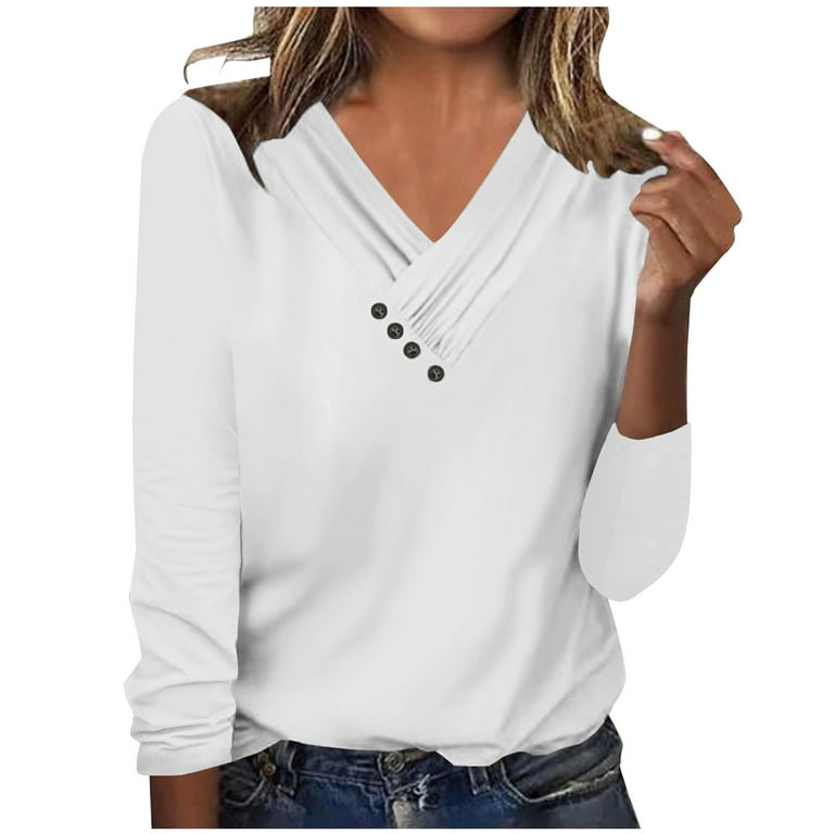 JWZUY Womens Leisure Jumper Elegant Pullover Fall 2023 Tops Side Button V  Neck Long Sleeve Sweatshirt Solid Sweatshirts White XL