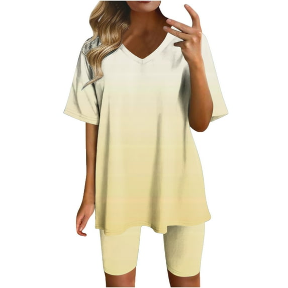 JWZUY Womens Lounge Wear 2 Pieces Outfit Gradient Ombre Plus Size Pajamas Set Sleep Wear Crewneck Short Sleeve Top Bottom Yellow S