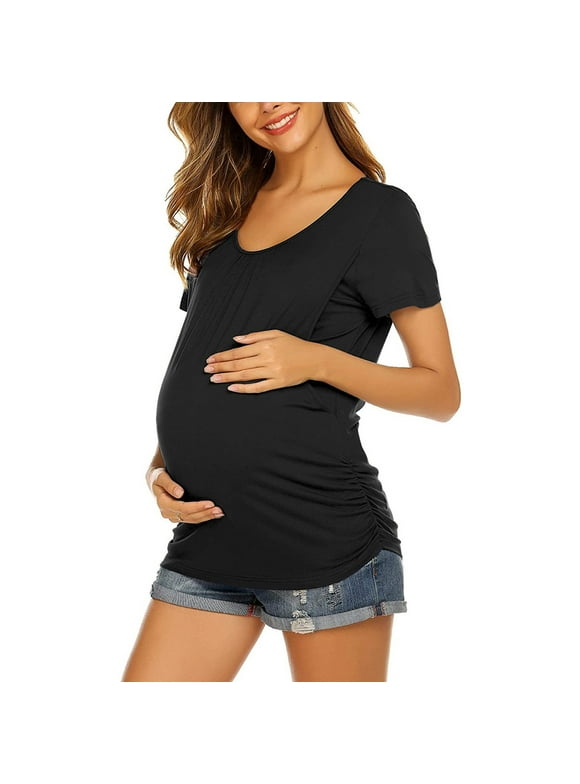 JWZUY Womens Maternity Short Sleeve Tops Soft Comfortable Nursing Friendly Crew Neck Solid Loose Fit Plain Shirts Round Breastfeeding Pregnant Clothes Black M