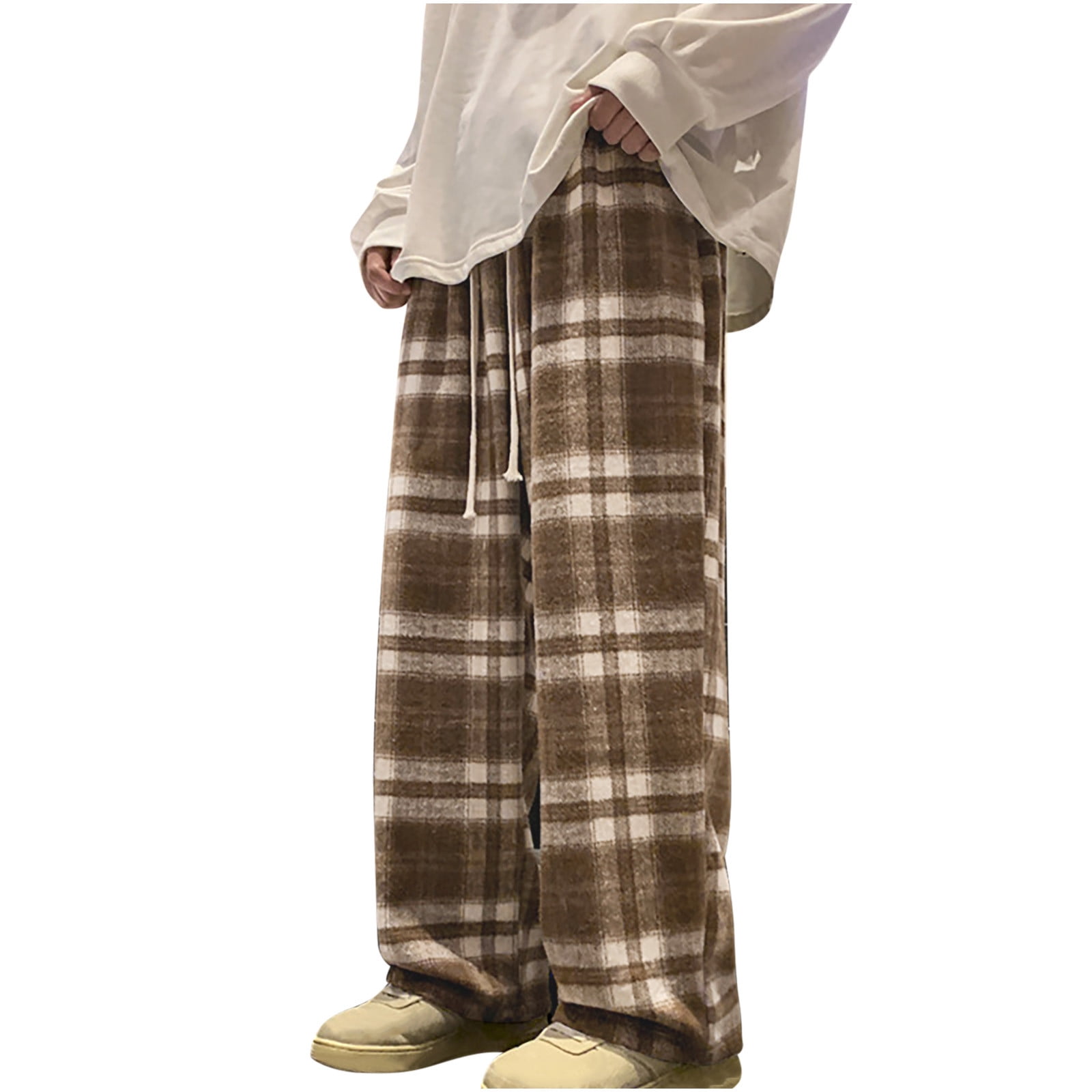 JWZUY Womens Plaid Palazzo Pant Full-Length Drawstring Elastic