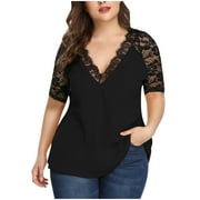 JWZUY Womens Plus Size Tops Casual Lace Splicing Fall Half Sleeve V Neck T Shirts Plain Cute Tees Tunic T-shirt Net Yarn Tops Blouse Black XL
