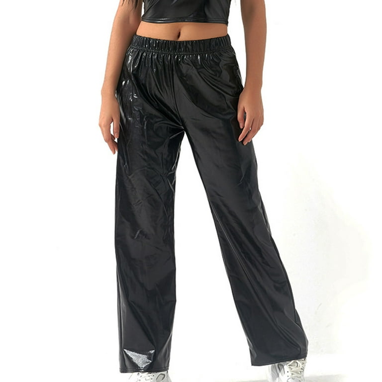 JWZUY Womens Rave Metallic High Waist Stretchy Jogger Pant Shiny Straight  Pants Hip Hop Club Wear Trousers Black XXL