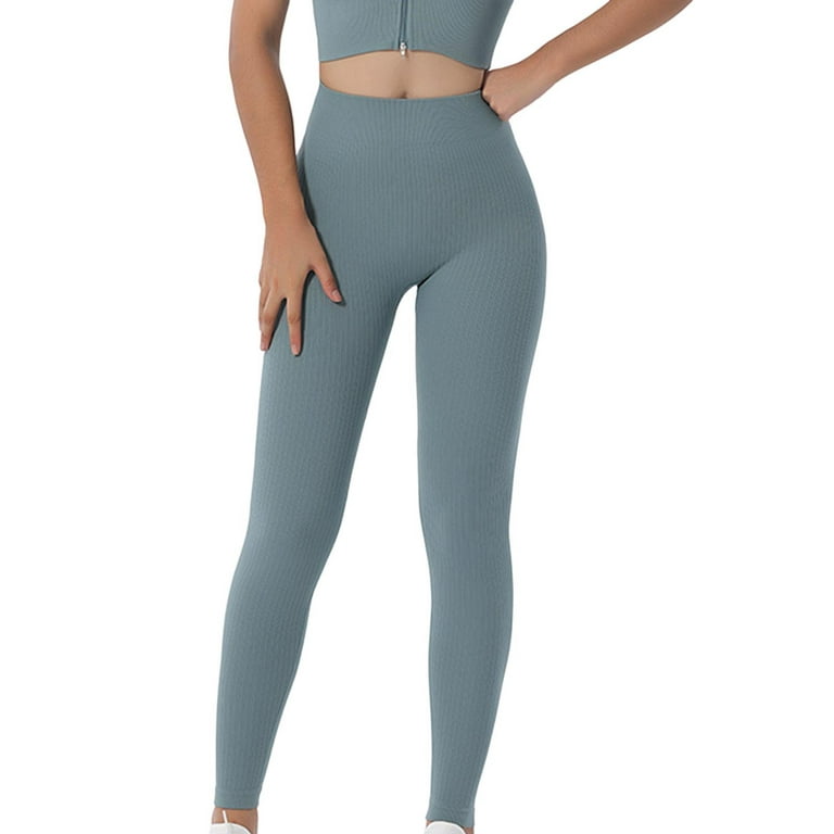 JWZUY Womens Rib Seamless Yoga Leggings Knit High Waist Fitness Athletic  Workout Running Booty Pants Light Blue L