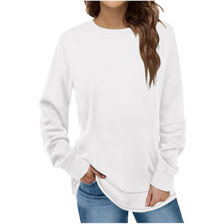 JWZUY Womens Round Neck Casual Long Sleeve Fall Spring Sweatshirt Loose  Pullover Soft Tunic Tops Oversized White#02 XXXL