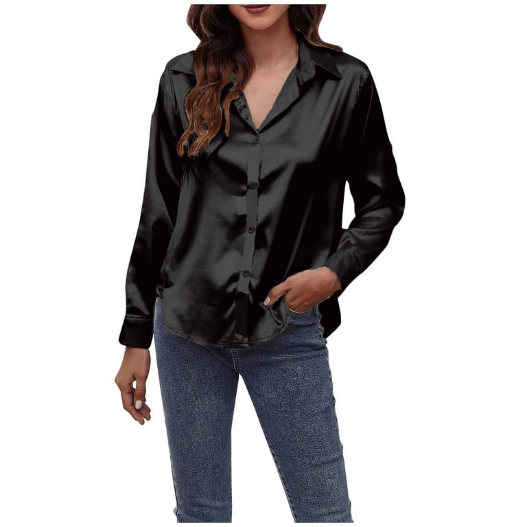 JWZUY Womens Satin Silk Long Sleeve Button Down Shirts Casual Office Smooth  Blouse Tops Solid Color V Neck Tshirt Going Out Holiday Tee Shirts Black S  