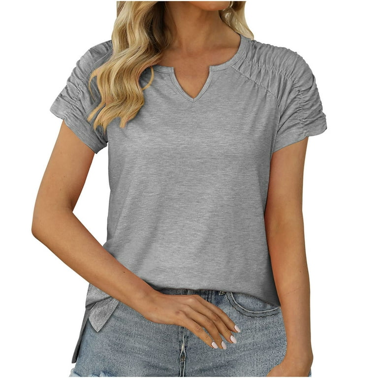 JWZUY Womens Shirred Pleated Sleeve Solid Tops Short Sleeve V Neck Tee  Shirts Summer Blouse 2023 Tunic Discount Fashion Casual Loose Tshirt Gray  XL 