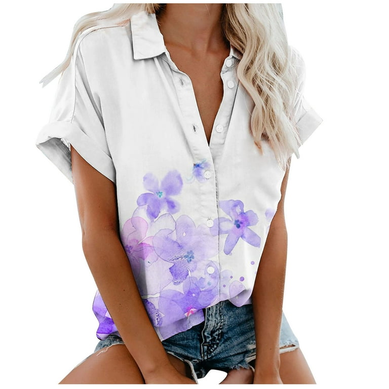 JWZUY Womens Short Sleeve V Neck Shirts Floral Lapel Button Down Blouse  Cute Graphic Boyfriend Tshirts Summer Deals Tees Tops Purple XXL