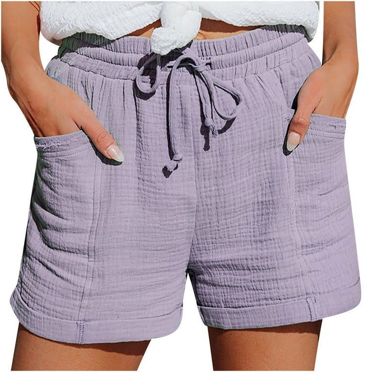 JWZUY Womens Shorts Drawstring Mid-Rise Shorts Summer Casual Cotton Linen  Shorts Purple M 